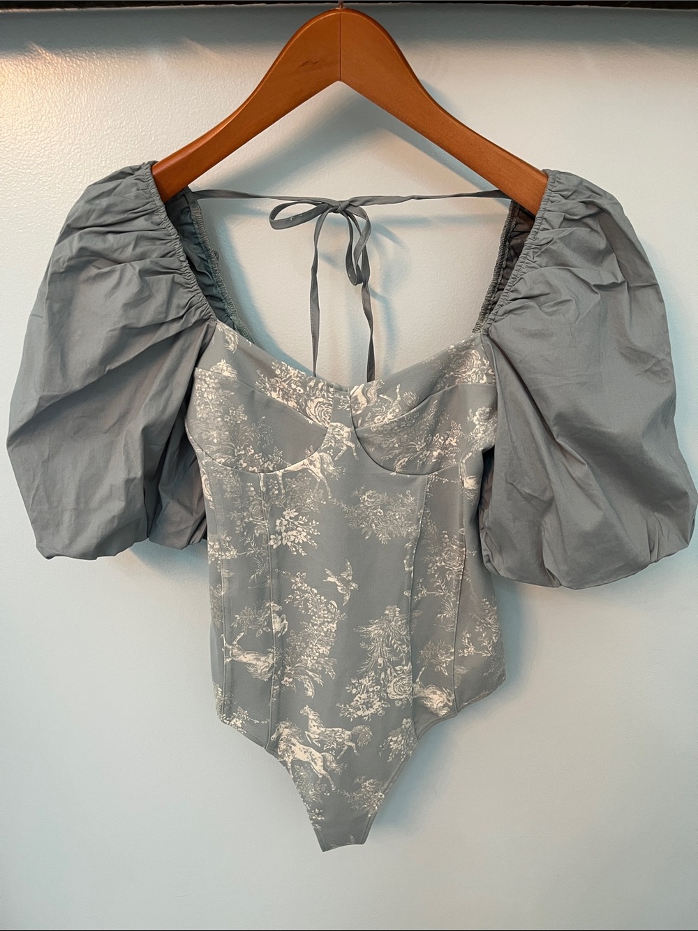 Free People Dusty Blue Puff-Sleeve Toile Bodysuit